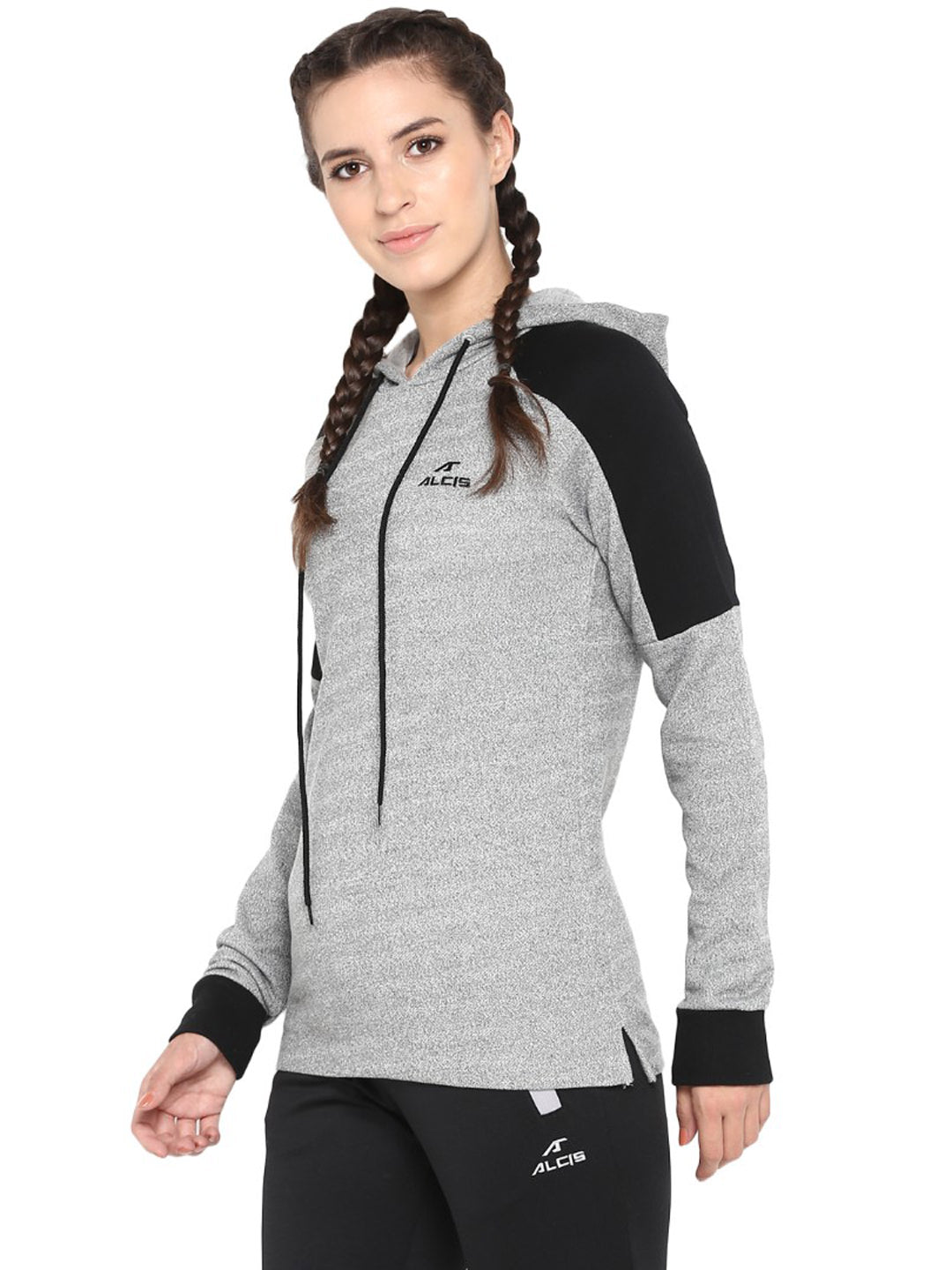 Alcis Women Grey  Black Colourblocked Hooded Sweatshirt