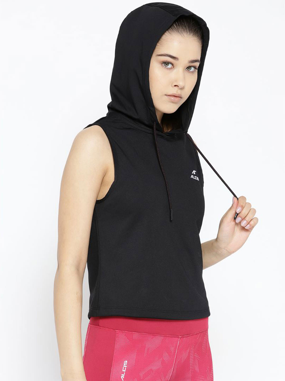 Alcis Women Black Solid Hooded Sleeveless Sweatshirt