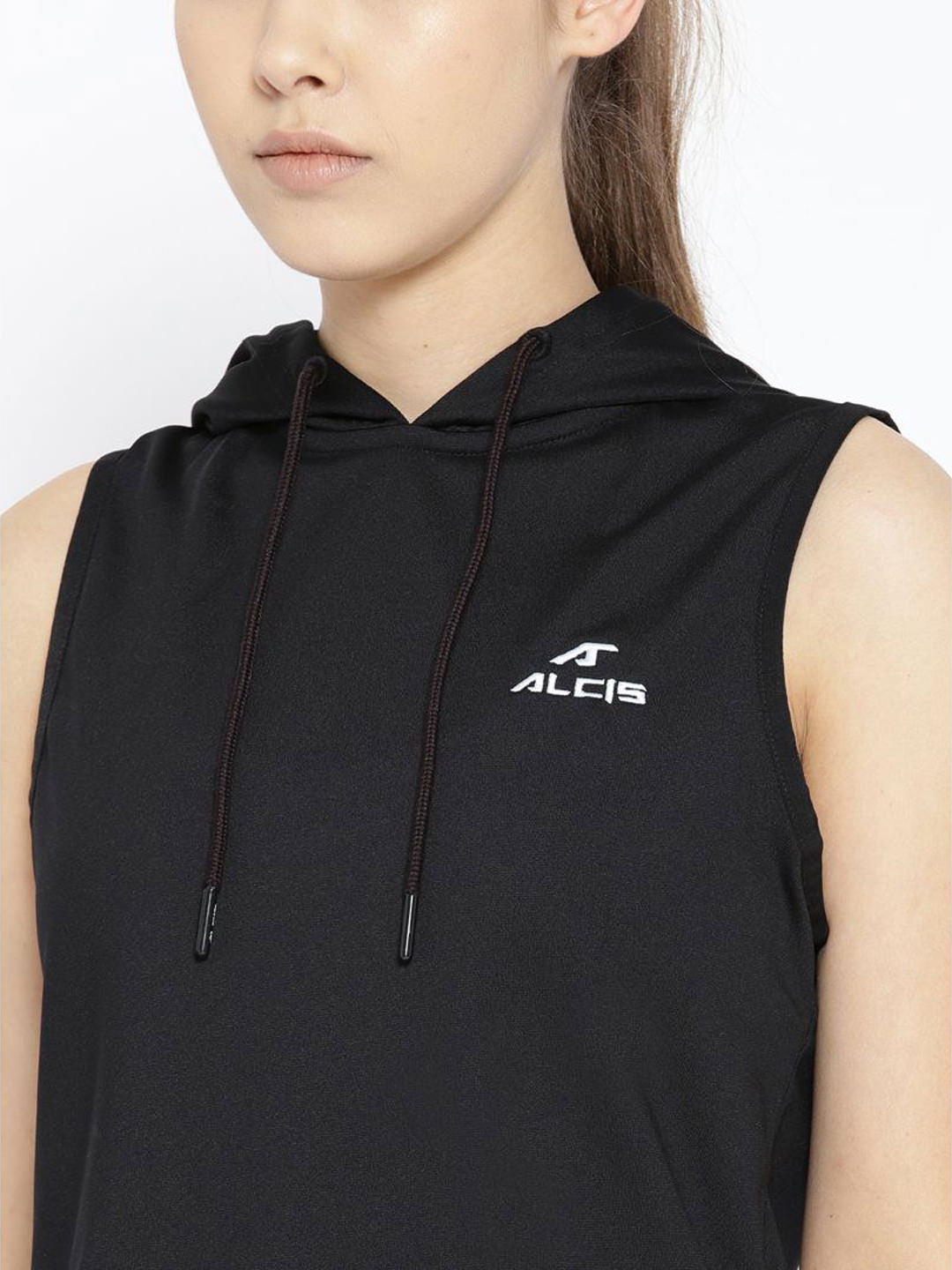 Alcis Women Black Solid Hooded Sleeveless Sweatshirt