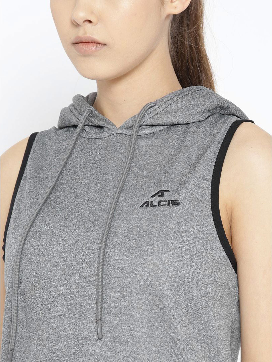 Alcis Women Grey Solid Hooded Sleeveless Sweatshirt