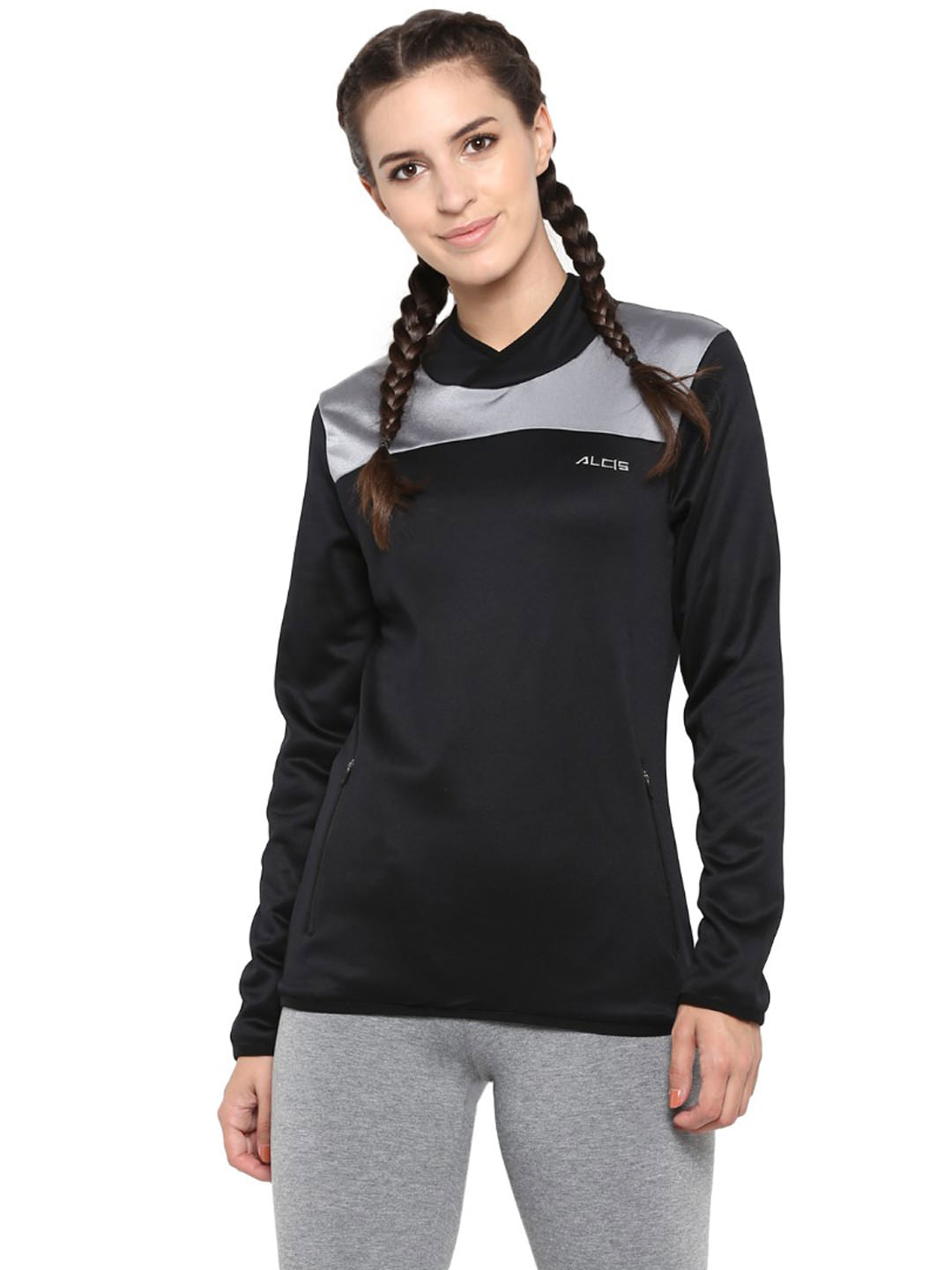 Alcis Women Black  Silver-Toned Colourblocked Sweatshirt