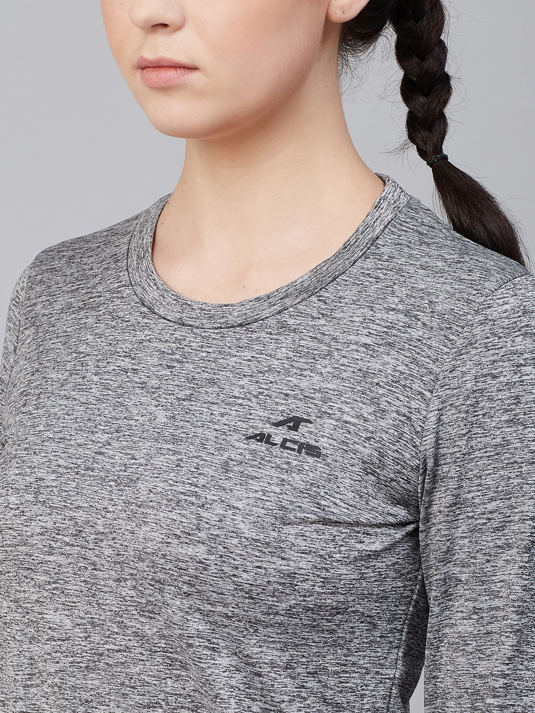 Alcis Women Grey Melange Solid Round Neck Training T-shirt