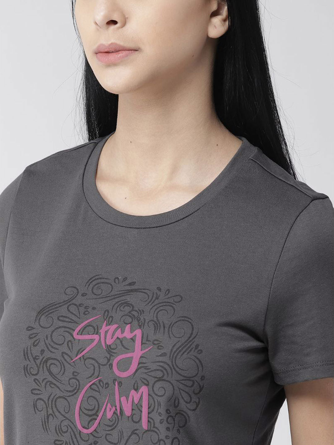 Alcis Women Charcoal Grey Printed Round Neck Yoga T-shirt