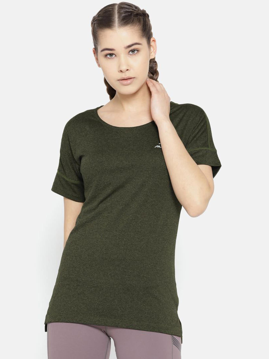 Alcis Women Olive Green Solid Round Neck Training T-shirt