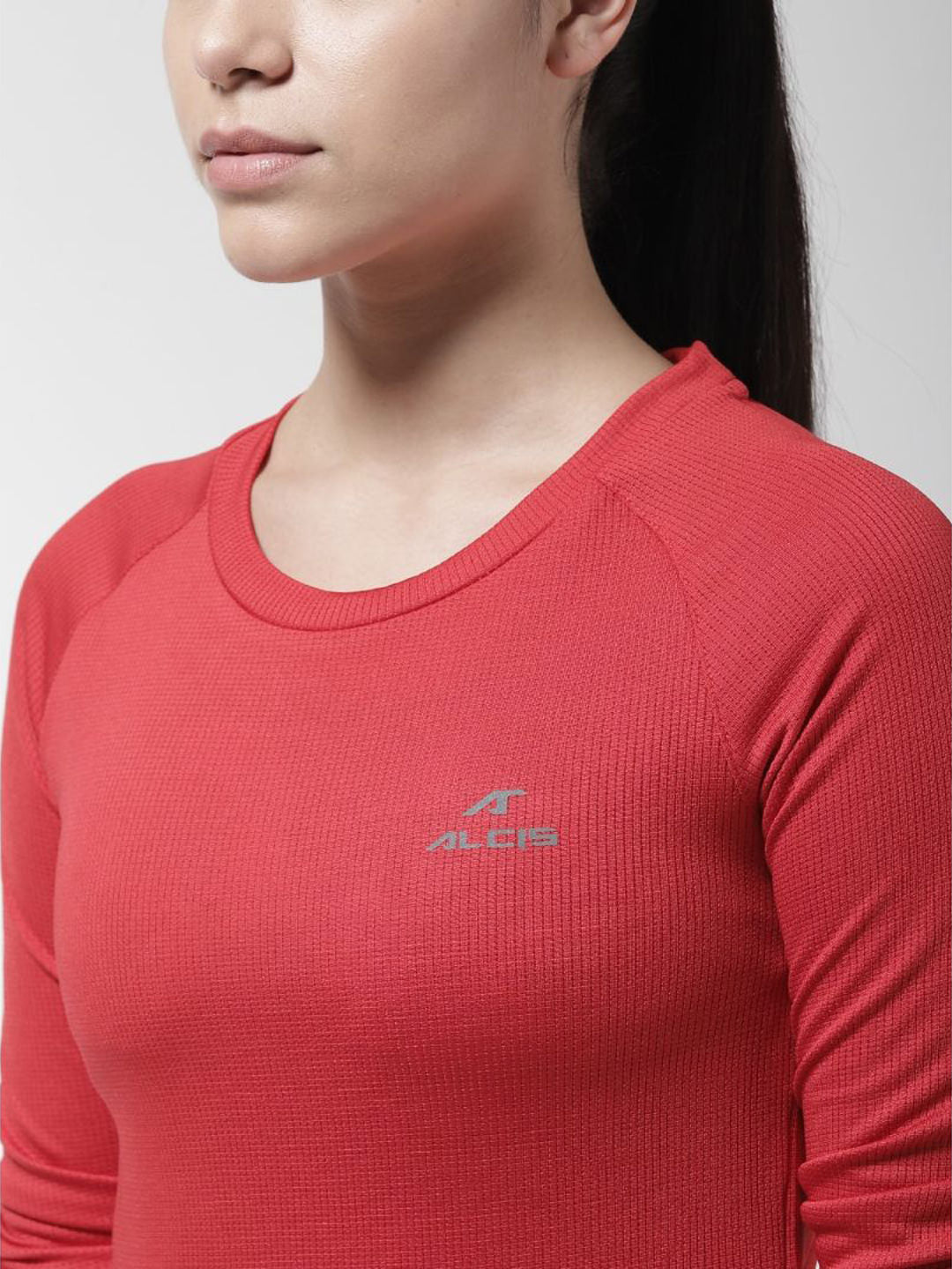 Alcis Women Red Self Design Round Neck T-shirt