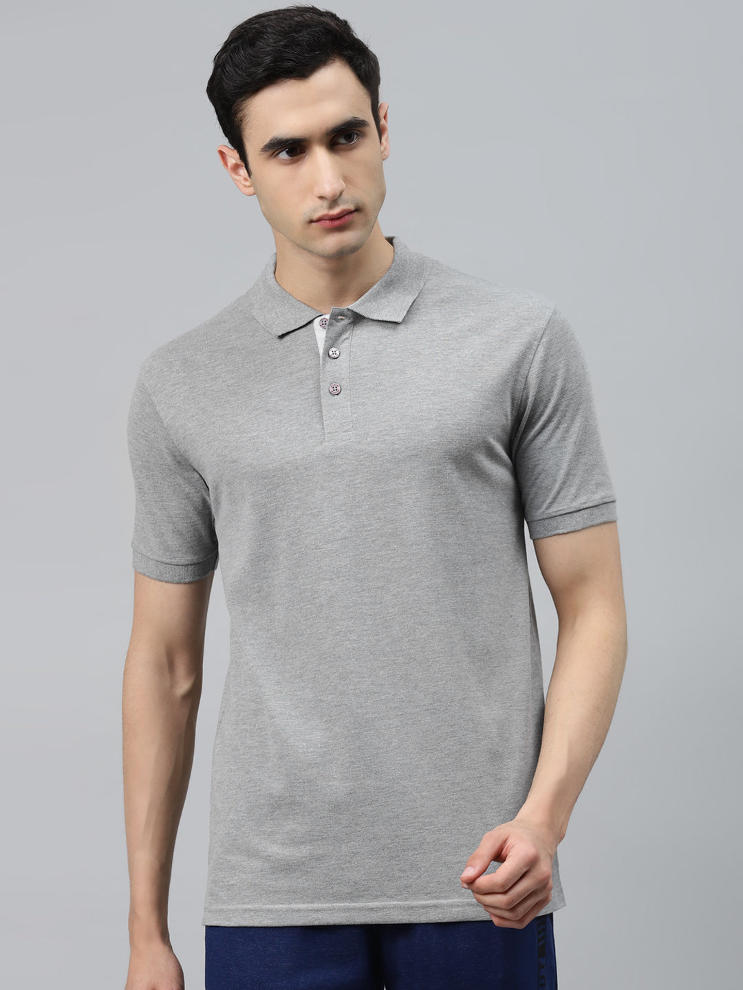 Alcis Men Grey Melange Slim Fit Solid Polo Collar T-shirt