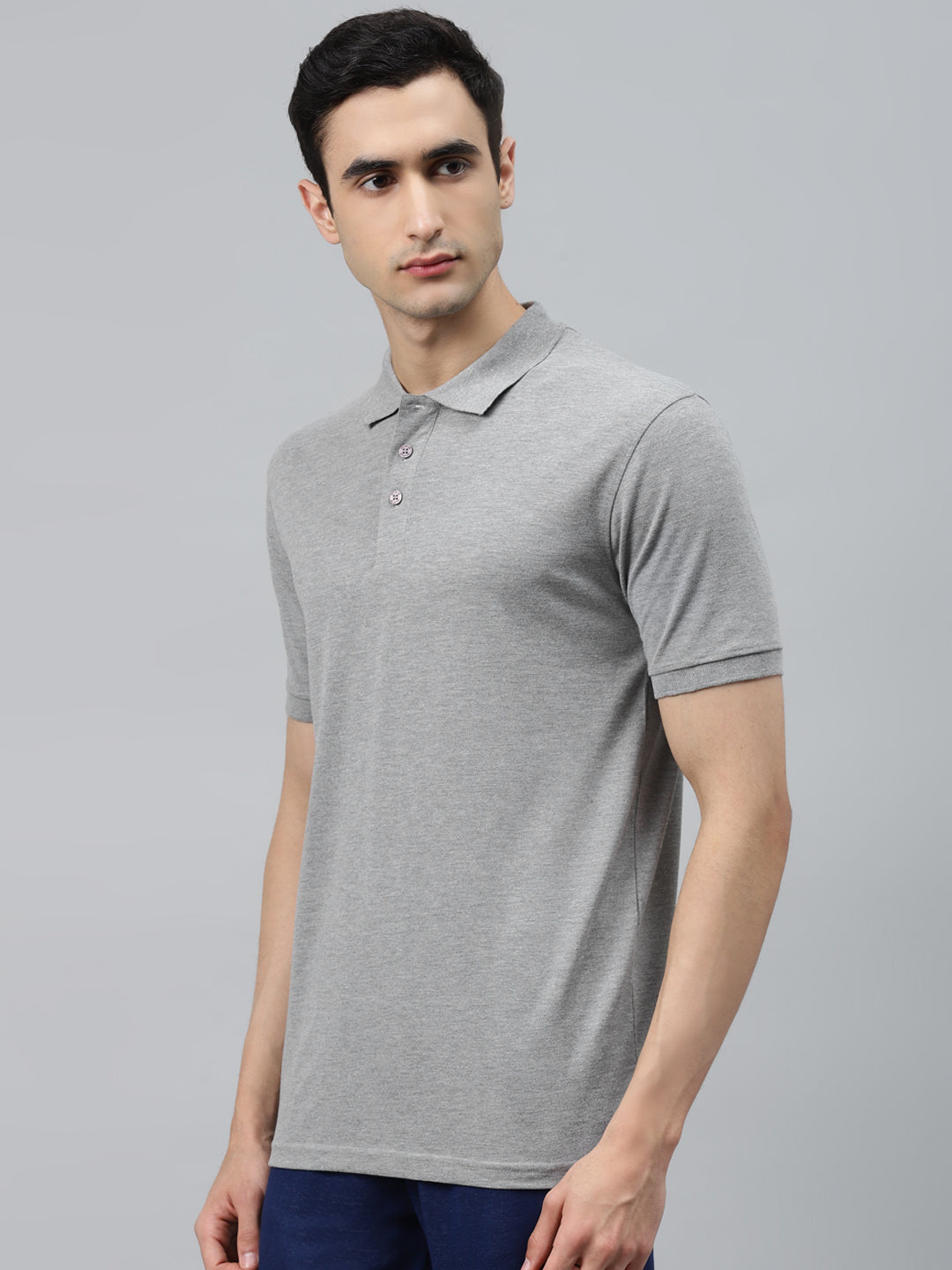 Alcis Men Grey Melange Slim Fit Solid Polo Collar T-shirt
