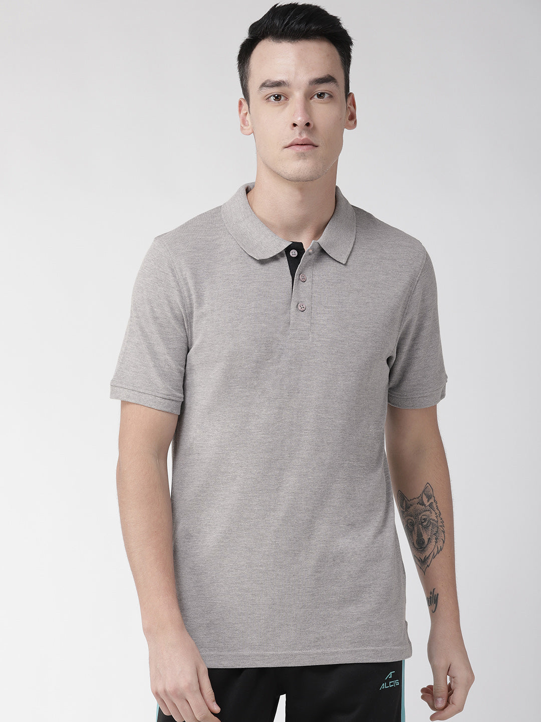 Alcis Men Grey Melange Solid Polo Collar Training T-shirt