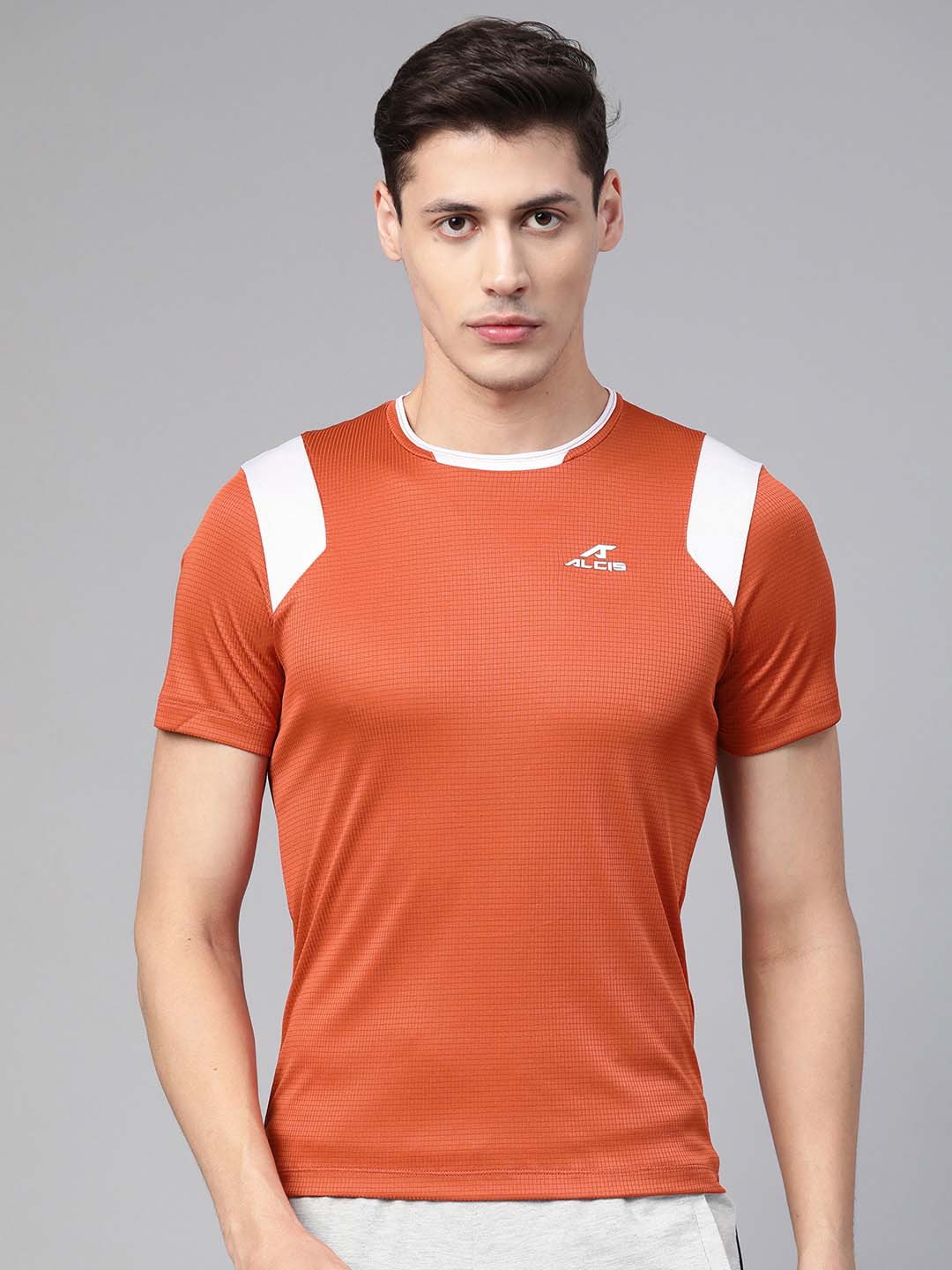 Alcis Men Rust Orange  White Self-Checked Round Neck Running T-shirt