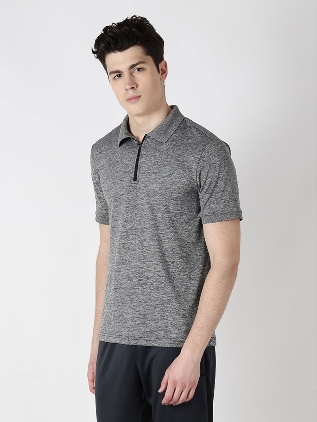 Alcis Men Grey Melange Solid Slim Fit Polo Collar T-shirt
