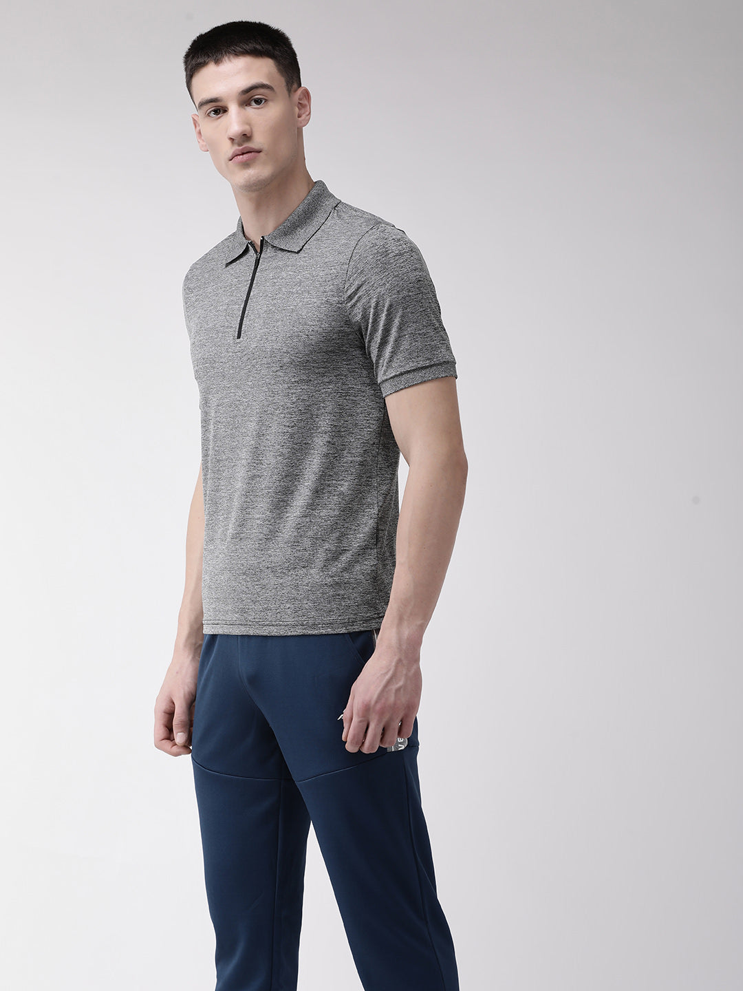 Alcis Men Charcoal Grey Self Design Polo Collar T-shirt