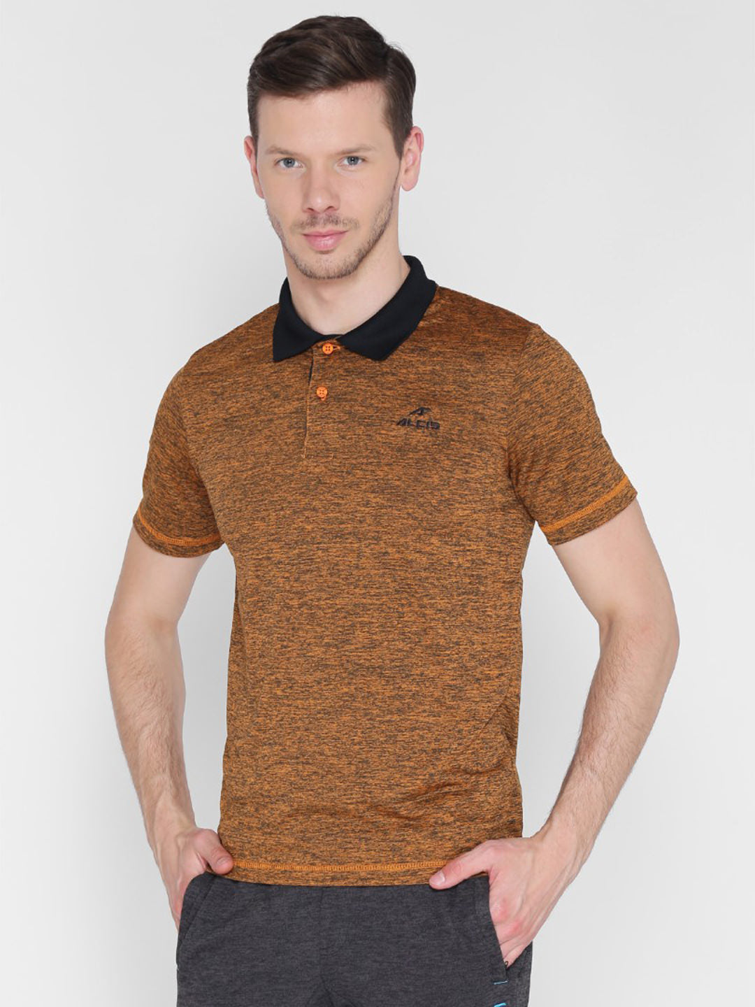 Alcis Men Orange  Black Melange Solid Polo Collar T-shirt