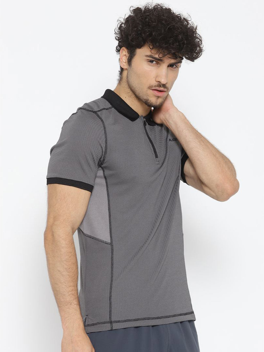 Alcis Men Grey Self Design Polo Collar T-shirt