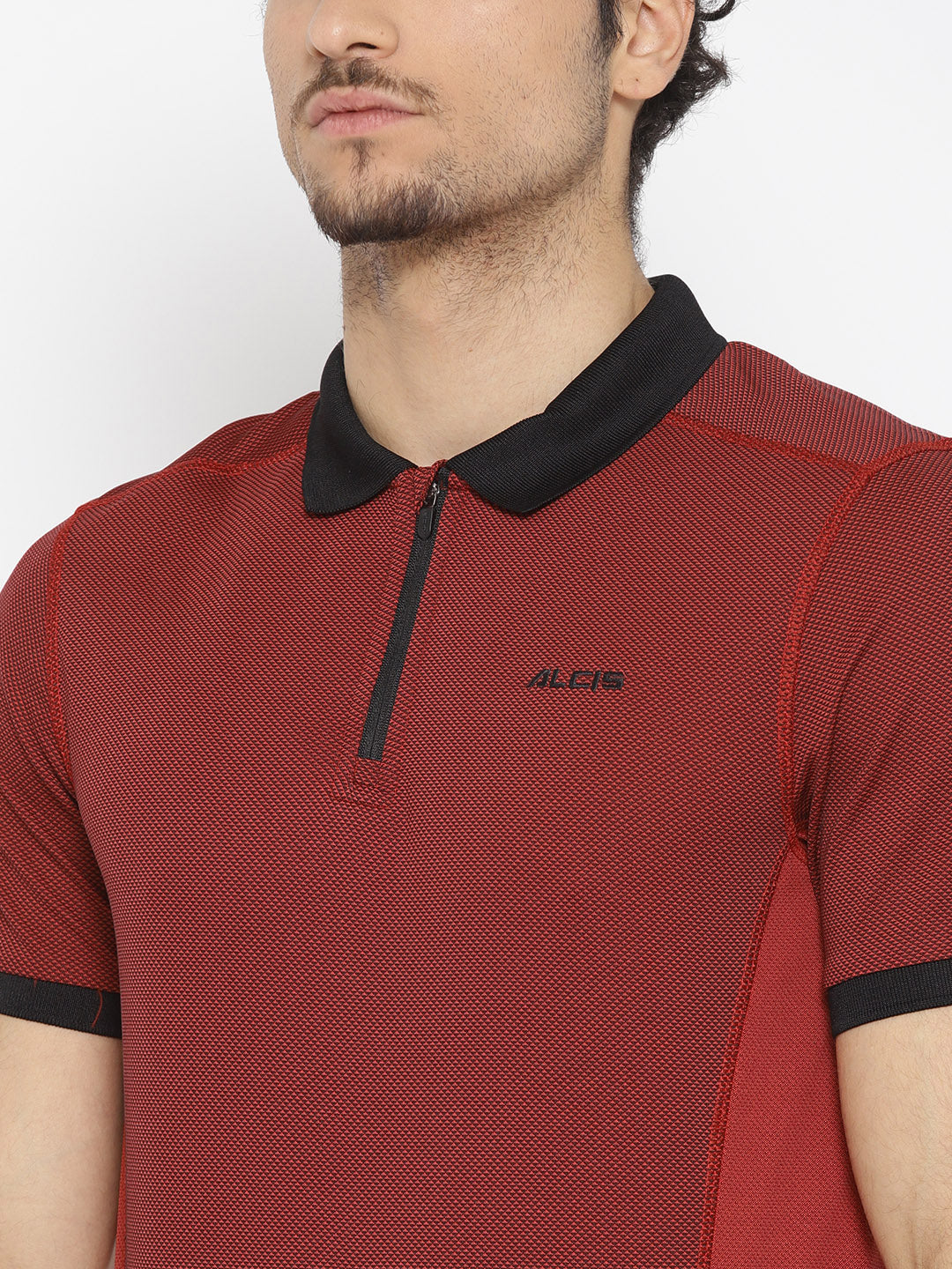 Alcis Men Maroon Self Design Polo Collar T-shirt