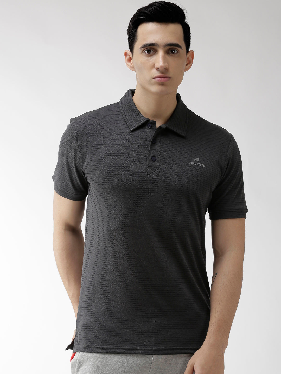 Alcis Men Charcoal Grey Striped  Polo Collar Training T-shirt