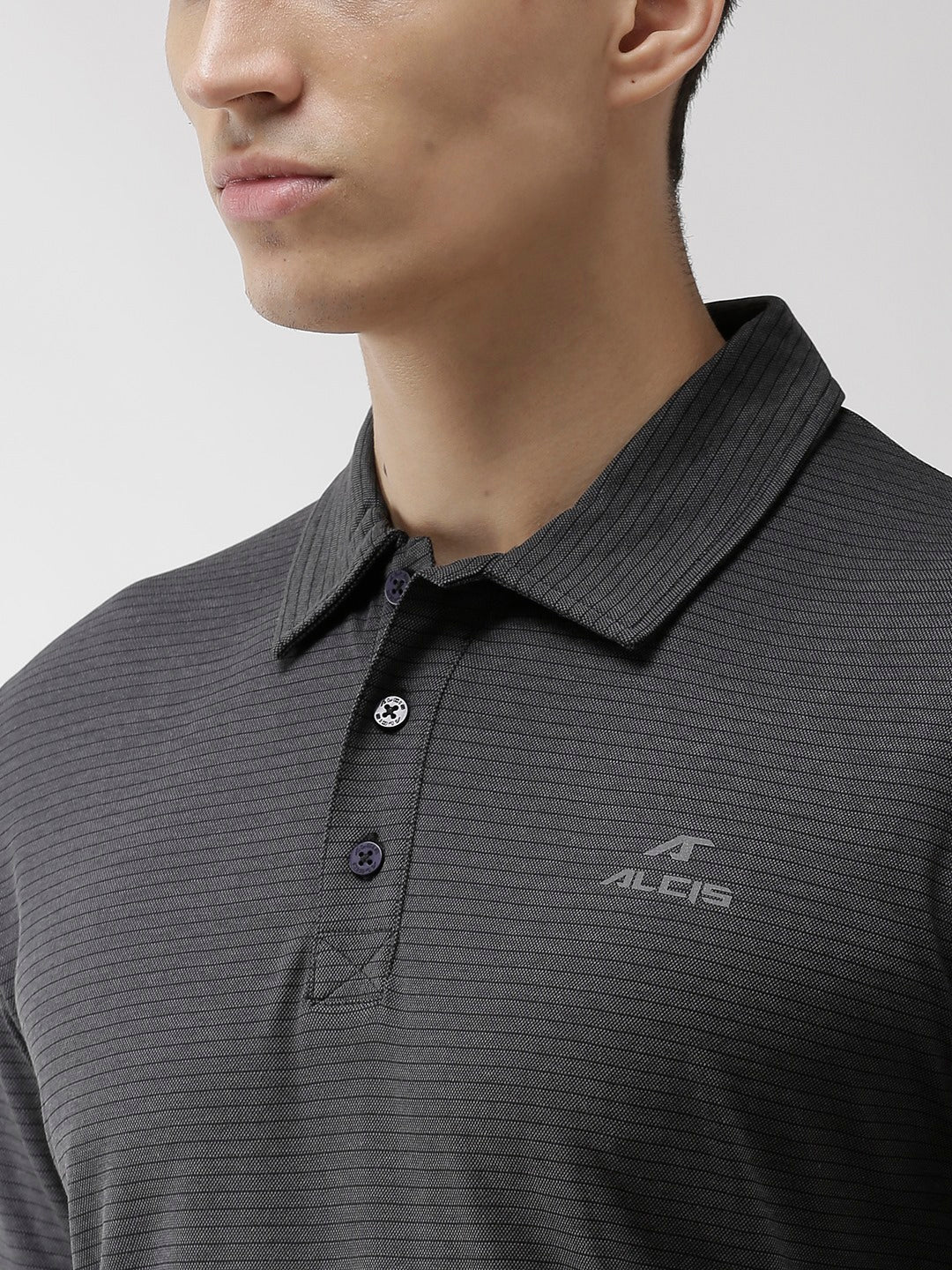 Alcis Men Charcoal Grey Striped  Polo Collar Training T-shirt