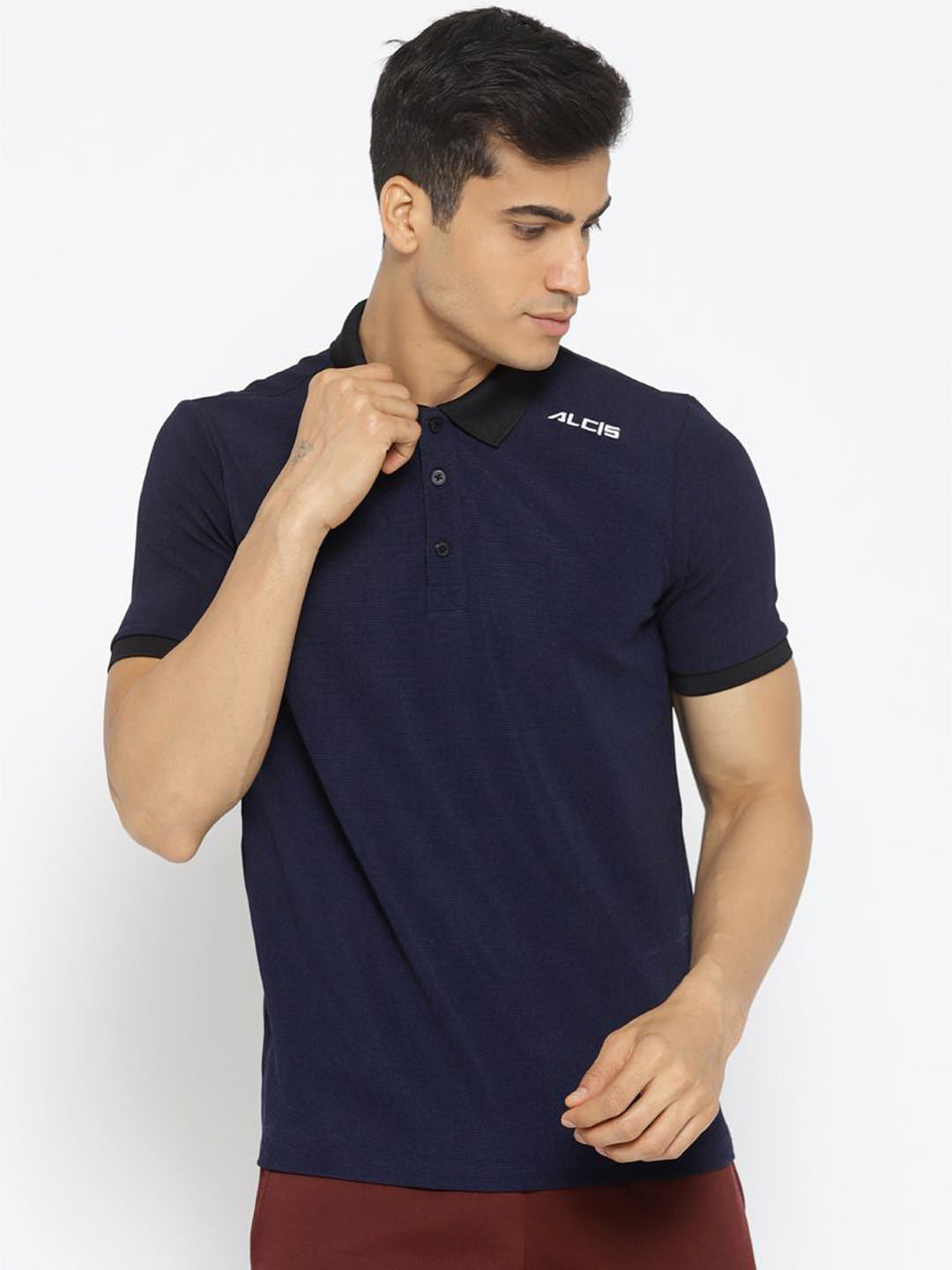 Alcis Men Navy Blue Solid Polo Collar T-shirt