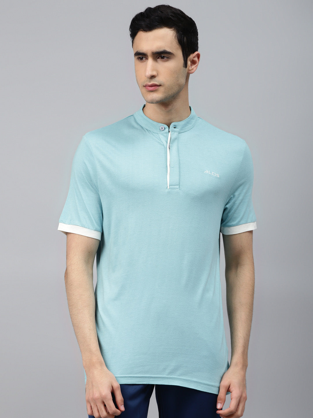Alcis Men Blue Solid Mandarin Collar T-shirt
