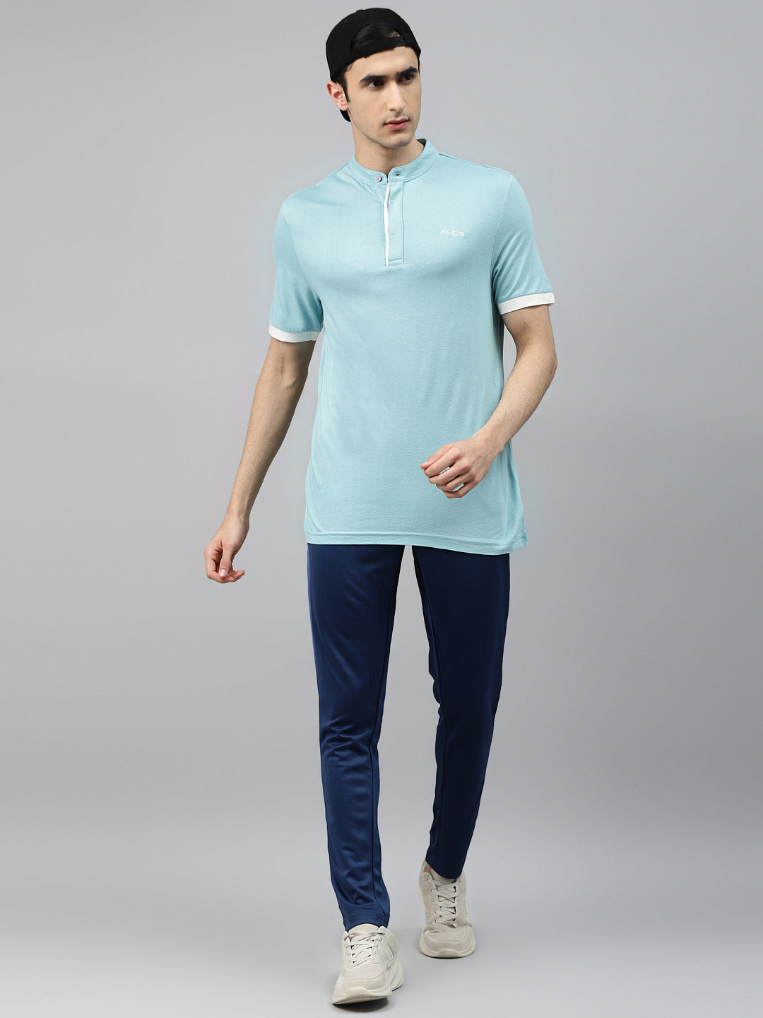 Alcis Men Blue Solid Mandarin Collar T-shirt