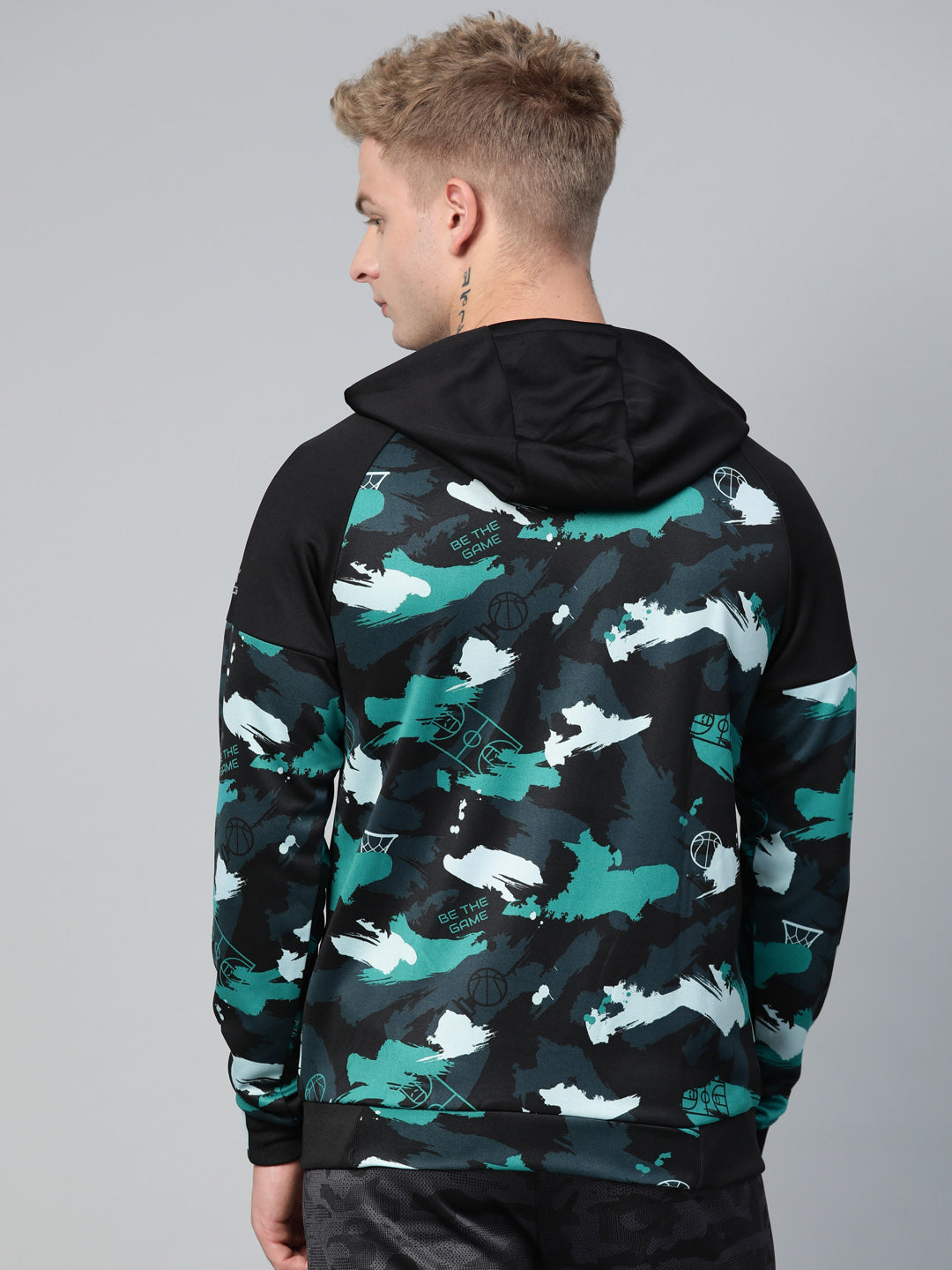 Alcis Men Navy Blue  Black Camouflage Printed Hooded Sweatshirt