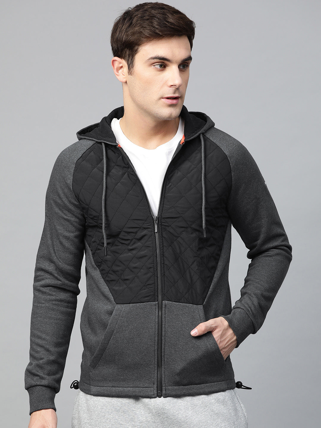 Alcis Men Charcoal Grey  Black Colourblocked Hooded Sweatshirt