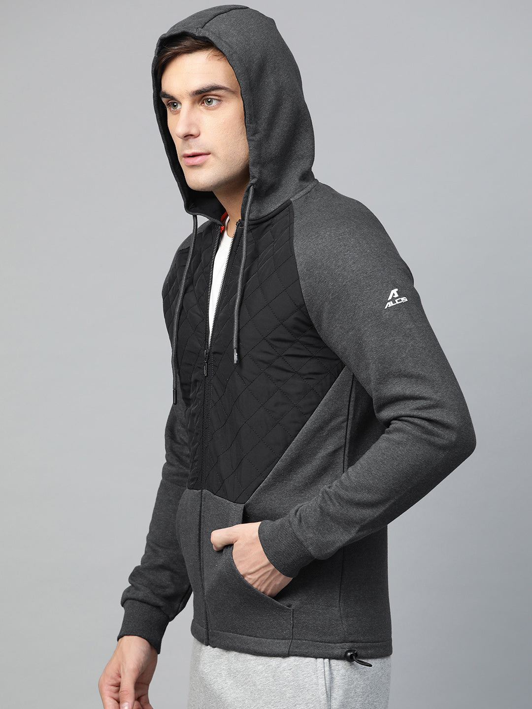 Alcis Men Charcoal Grey  Black Colourblocked Hooded Sweatshirt