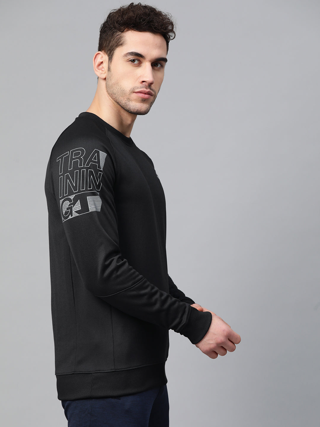 Alcis Men Black Solid Training Sweatshirt with Printed Detail
