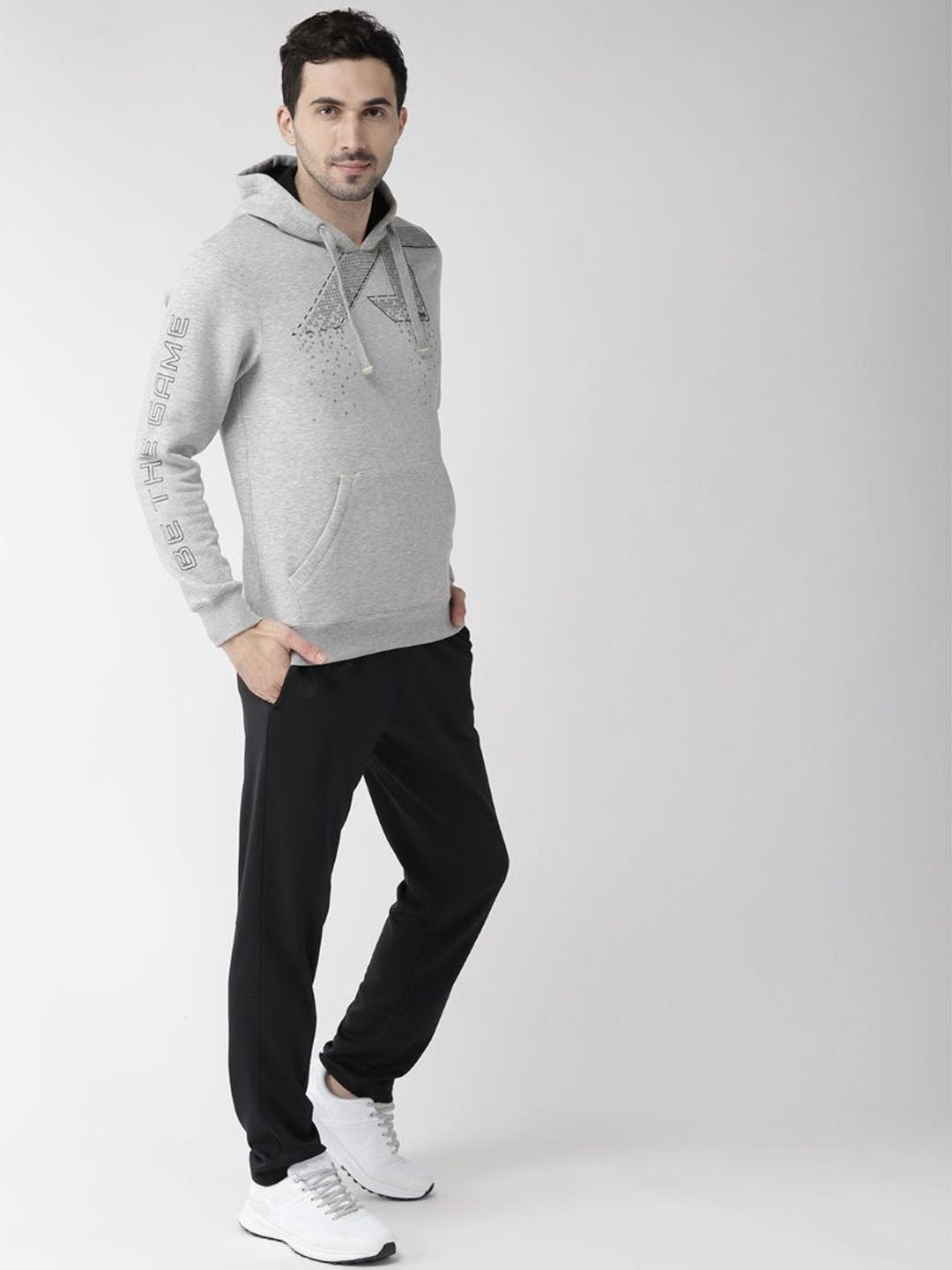 Alcis Men Grey Melange Printed Hooded Sweatshirt