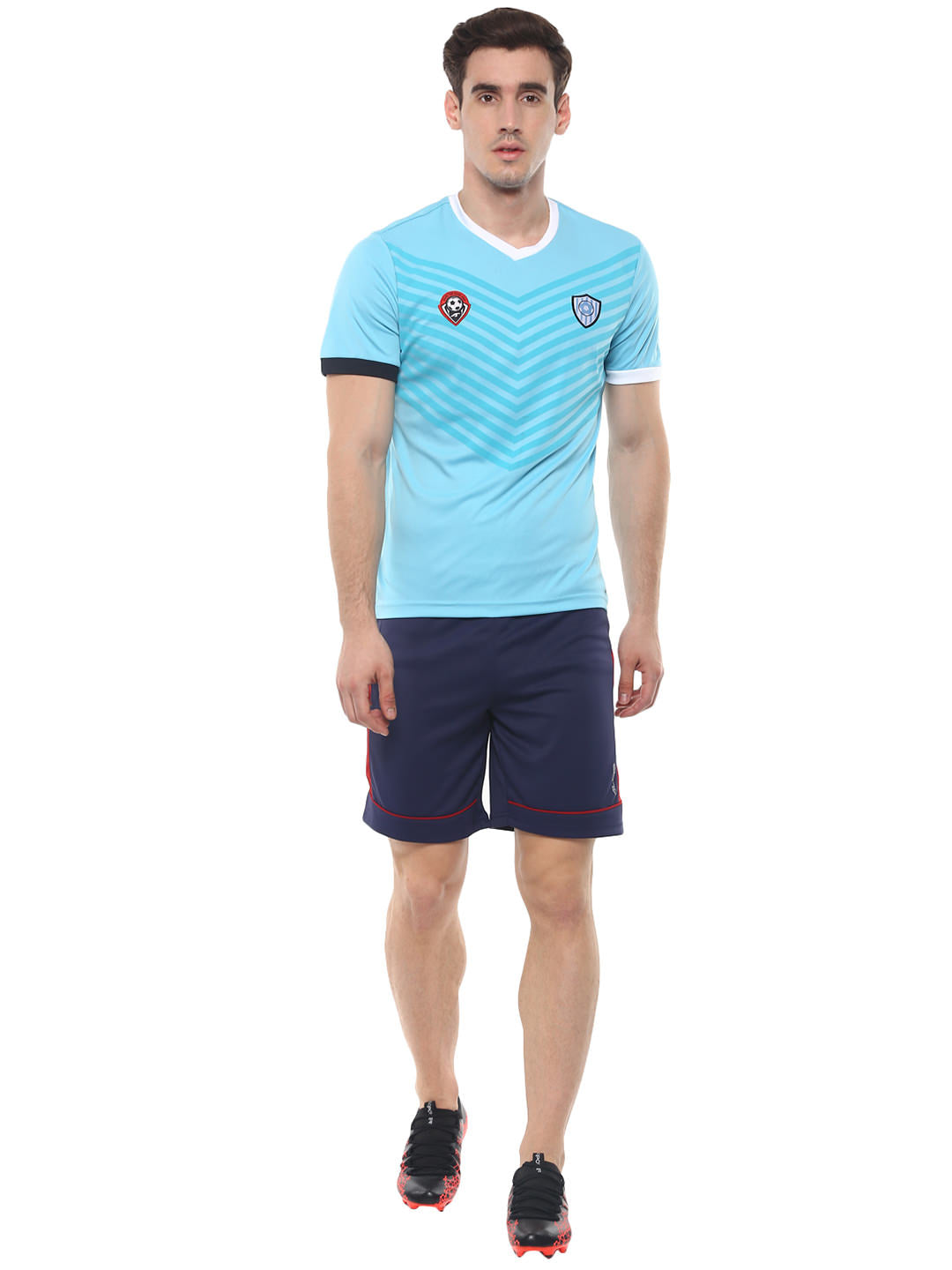 Alcis Men Blue Striped V-Neck Soccer T-shirt