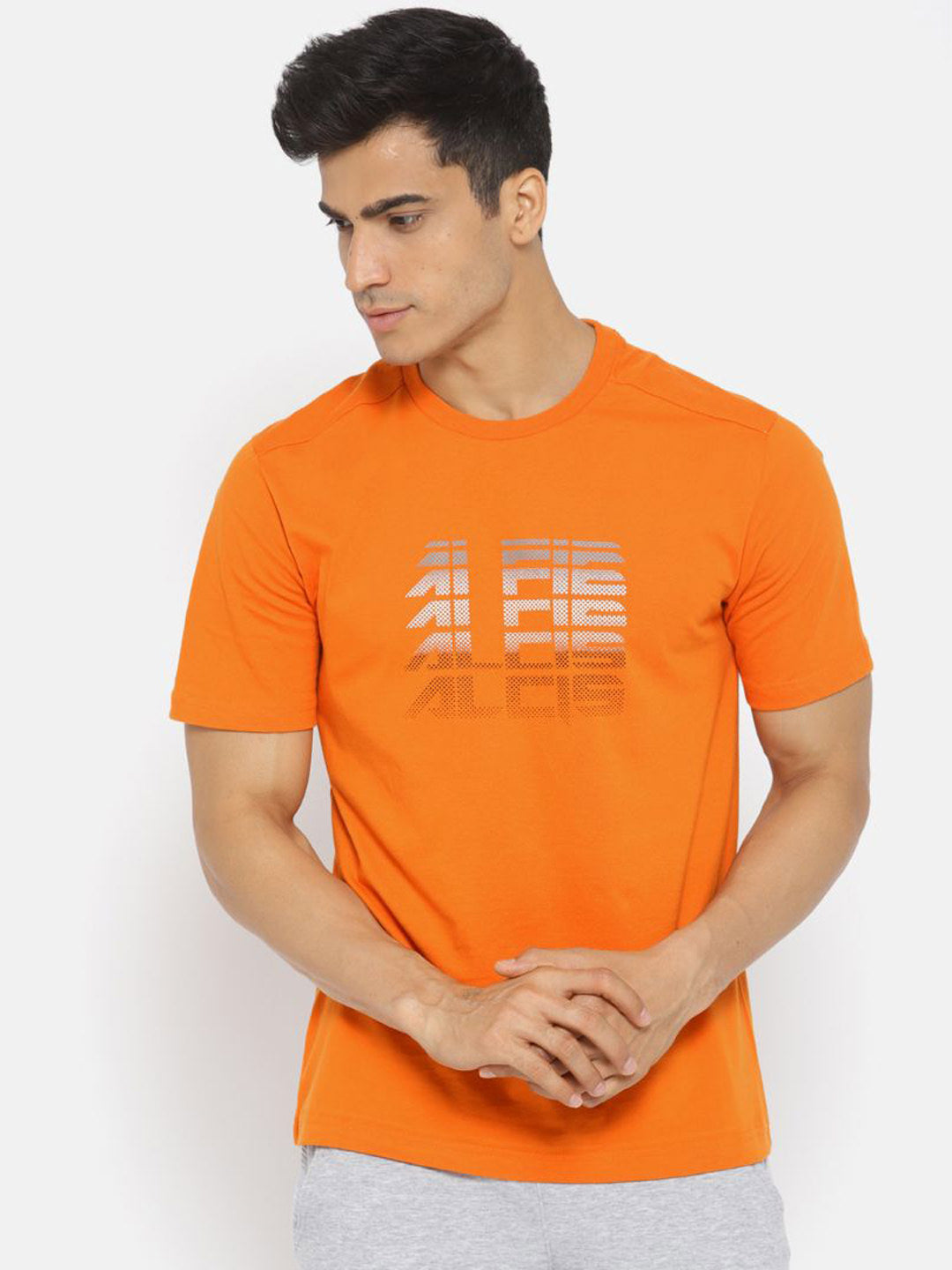 Alcis Men Orange Printed Slim Fit Round Neck Training T-shirt