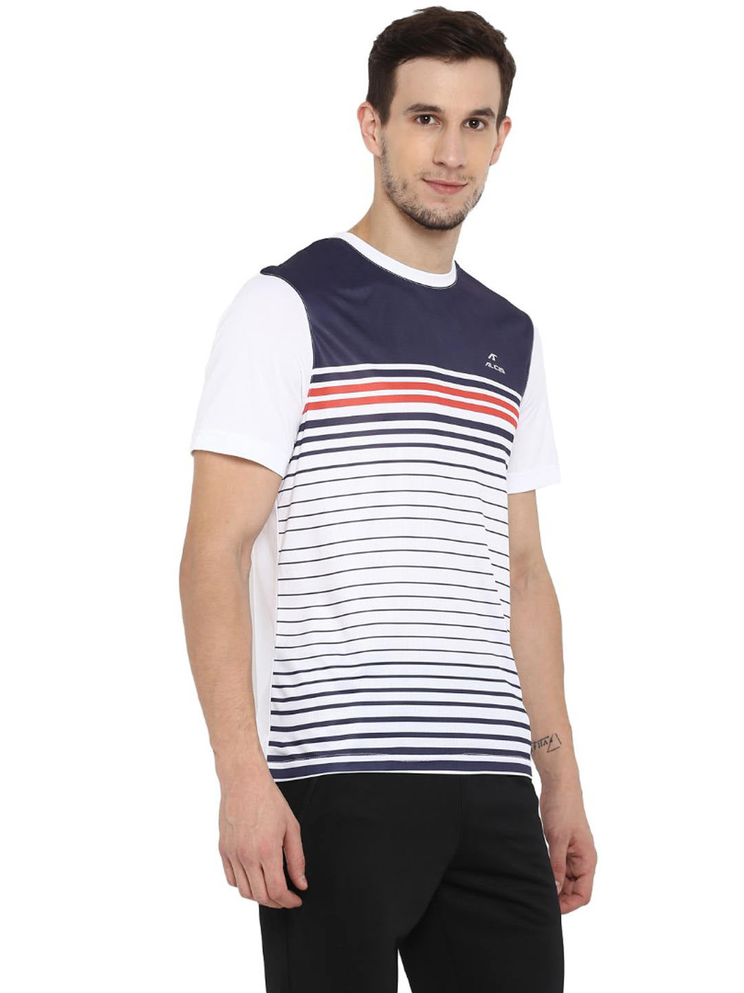 Alcis Men White  Blue Striped Round Neck T-shirt