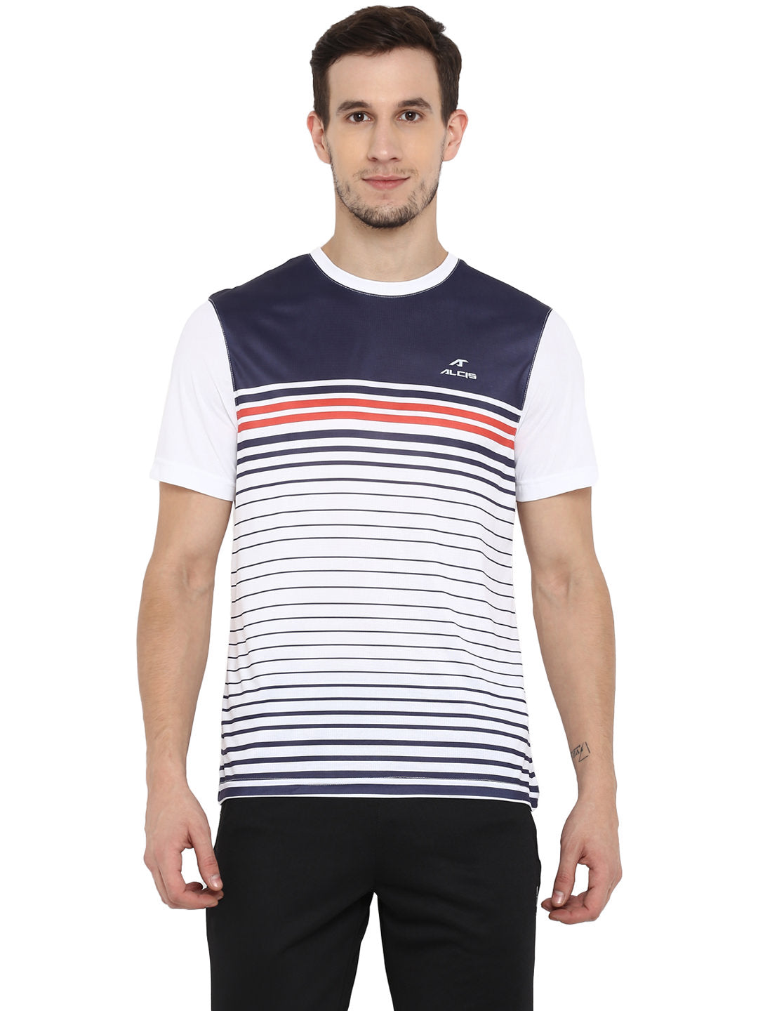 Alcis Men Navy Blue  White Striped Round Neck T-shirt