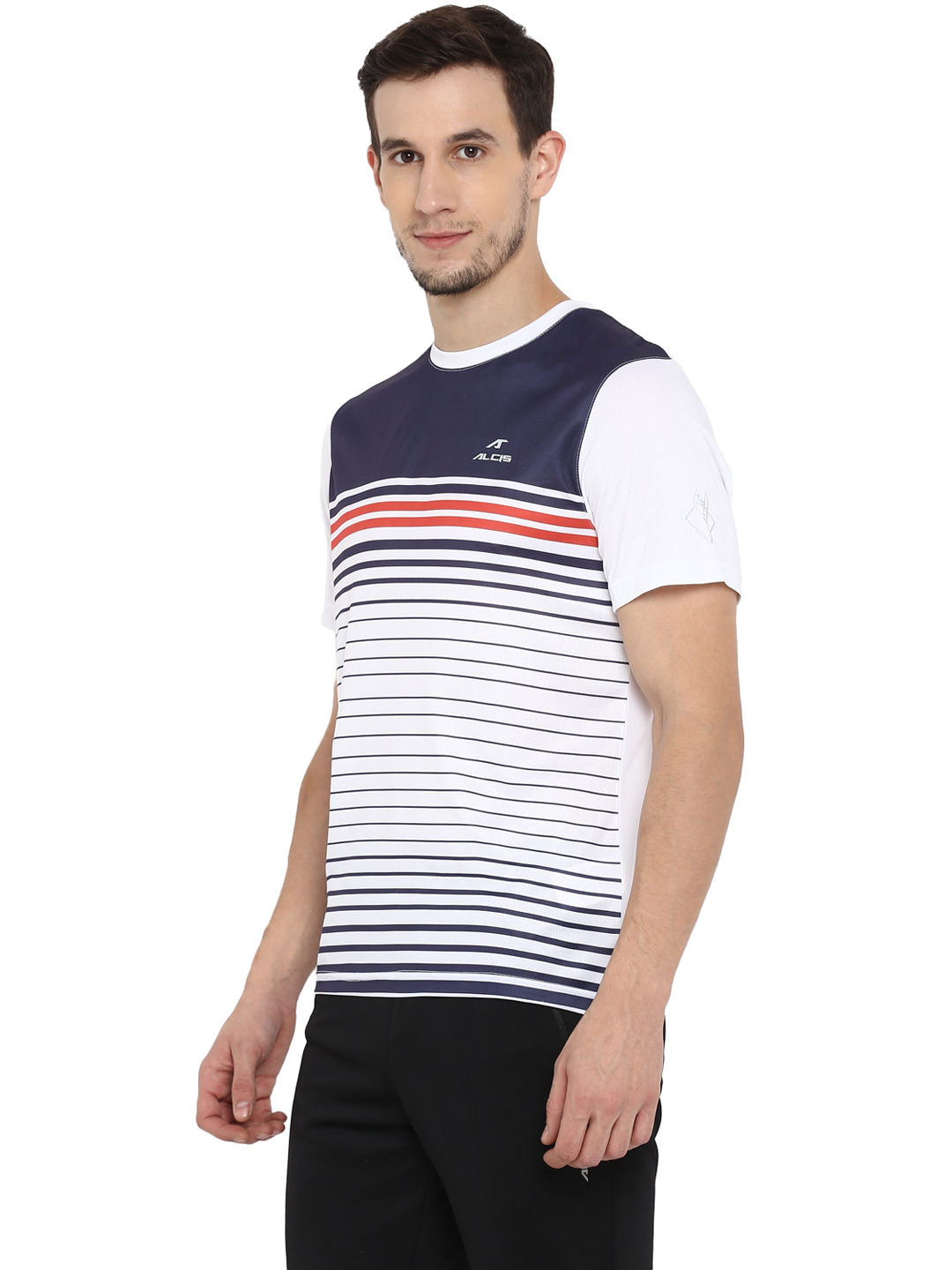 Alcis Men Navy Blue  White Striped Round Neck T-shirt