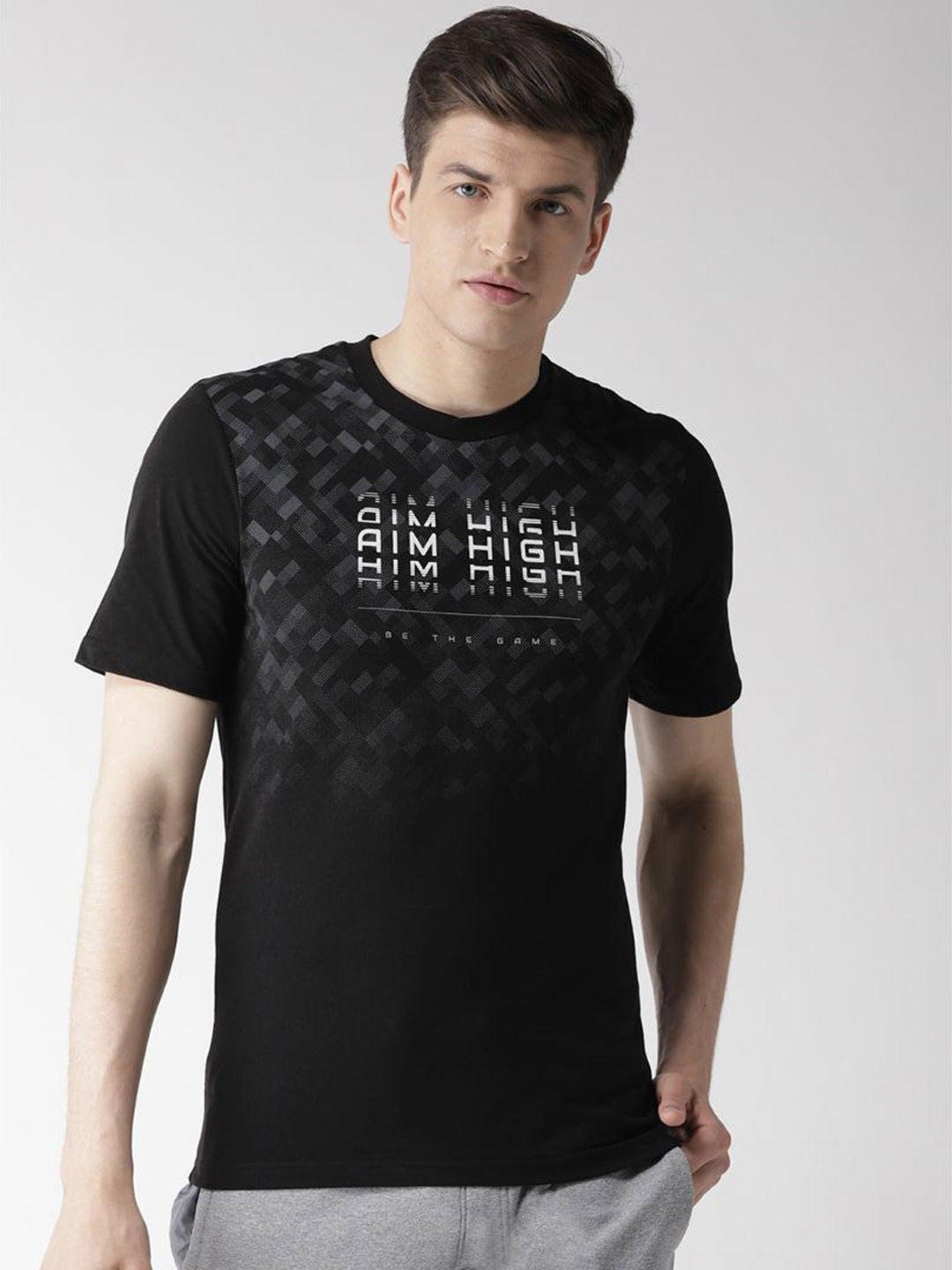 Alcis Men Black  Grey Printed Round Neck T-shirt