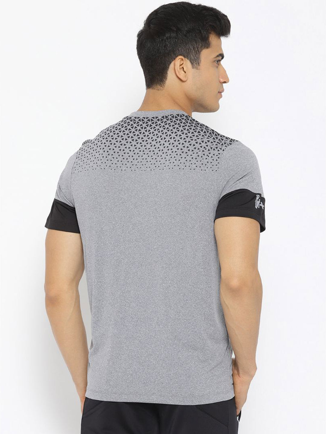 Alcis Men Grey Melange Solid Round Neck Running T-shirt with Printed Back