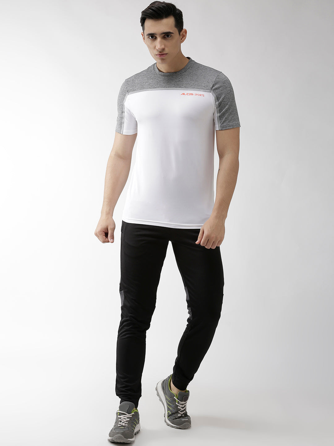 Alcis Men White  Grey Melange Colourblocked Round Neck Training T-shirt