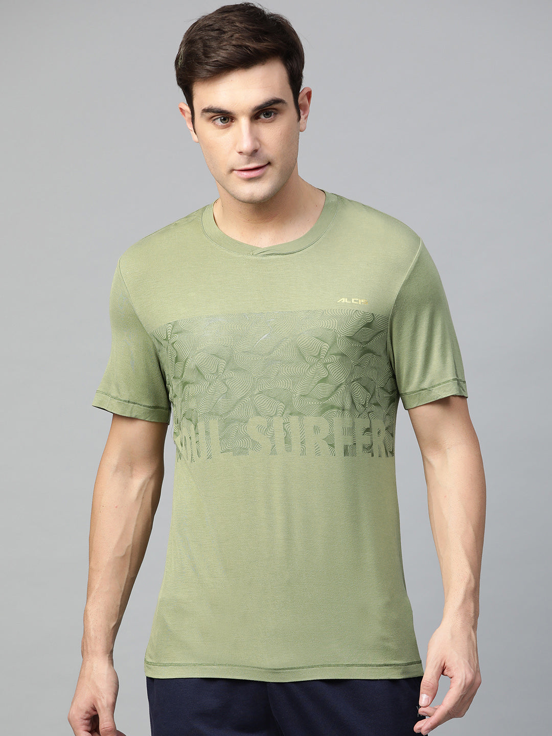 Alcis Men Olive Green Printed Round Neck T-shirt