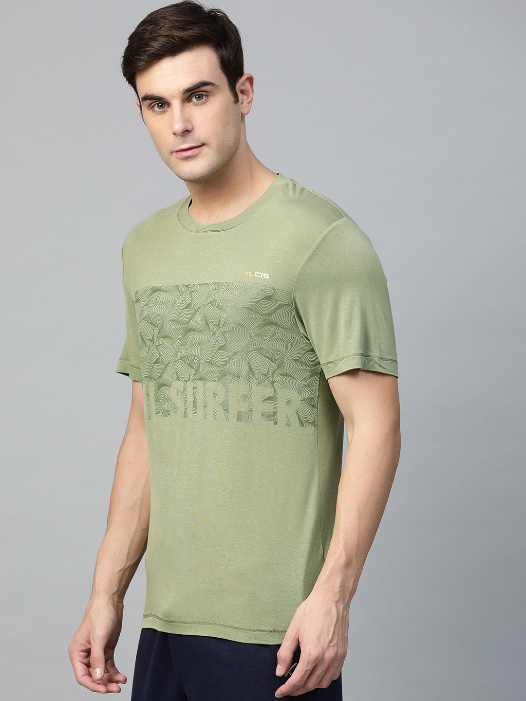 Alcis Men Olive Green Printed Round Neck T-shirt