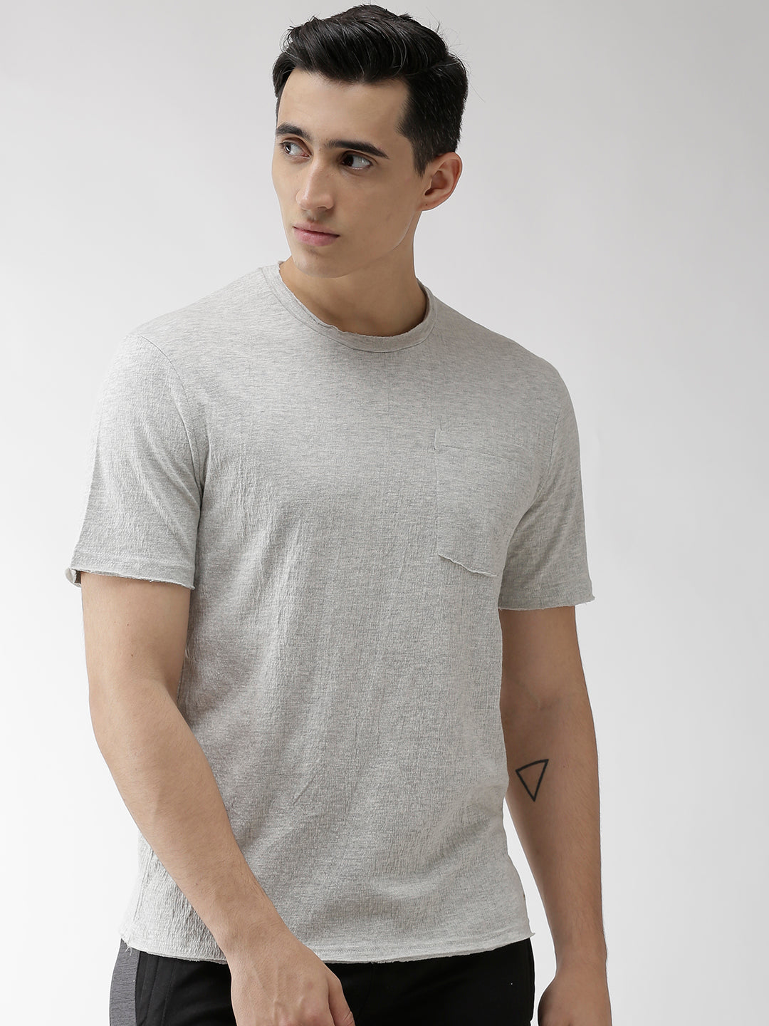 Alcis Men Grey Melange Solid Round Neck Yoga T-shirt