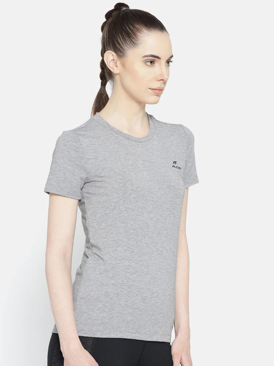 Alcis Women Grey Melange Solid Round Neck T-shirt