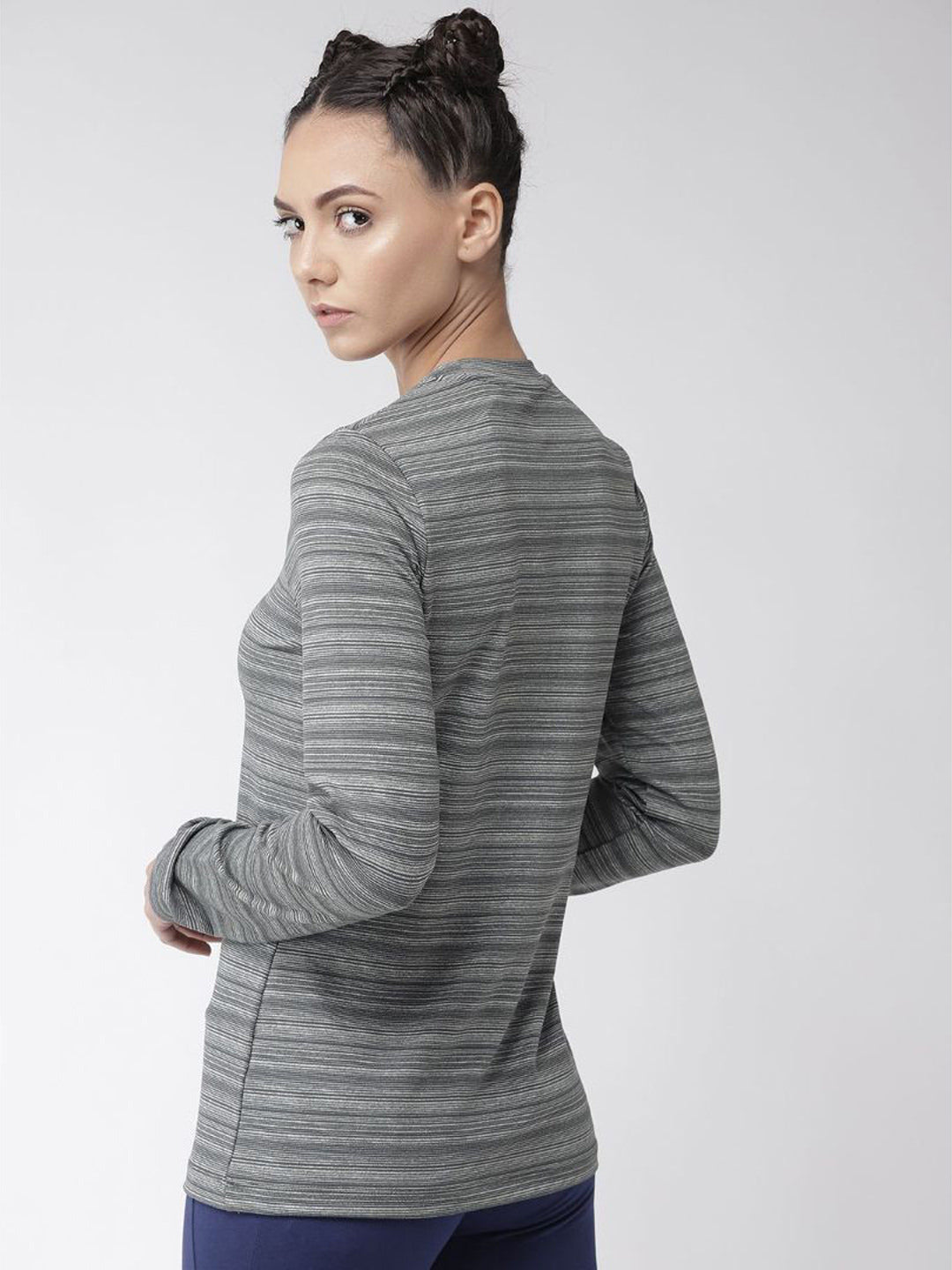 Alcis Women Grey Striped Round Neck T-shirt
