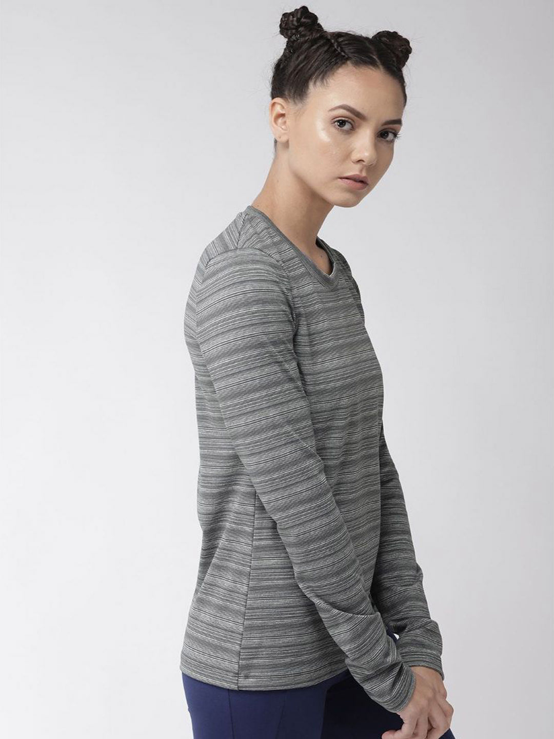 Alcis Women Grey Striped Round Neck T-shirt