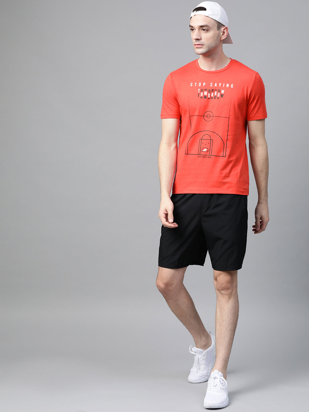 Alcis Men Coral Red  Black Printed Round Neck T-shirt