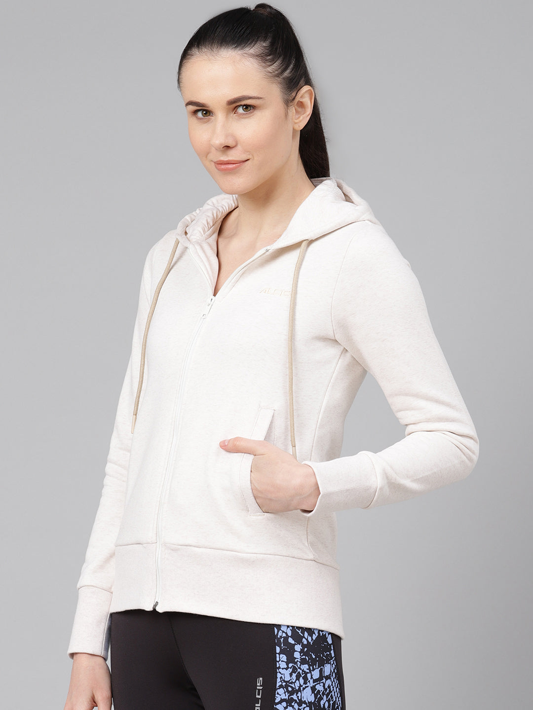 Alcis Women Off-White Solid Hooded Sporty Jacket