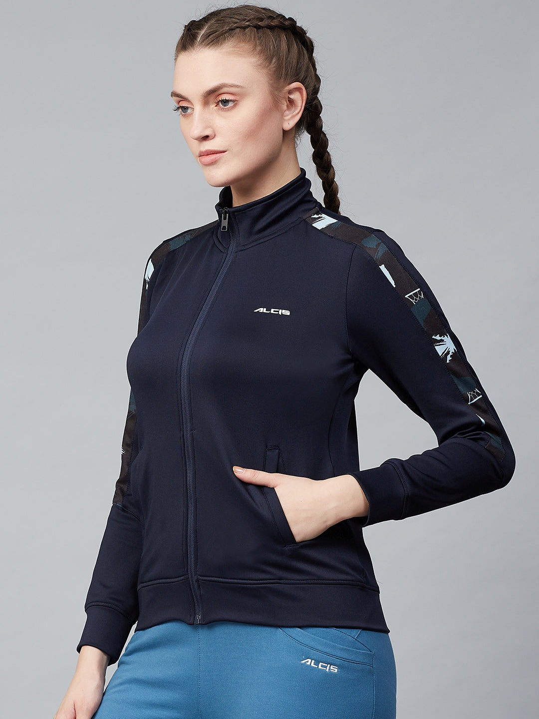 Alcis Women Navy Blue Solid Front-Open Sweatshirt With Printed Sleeves