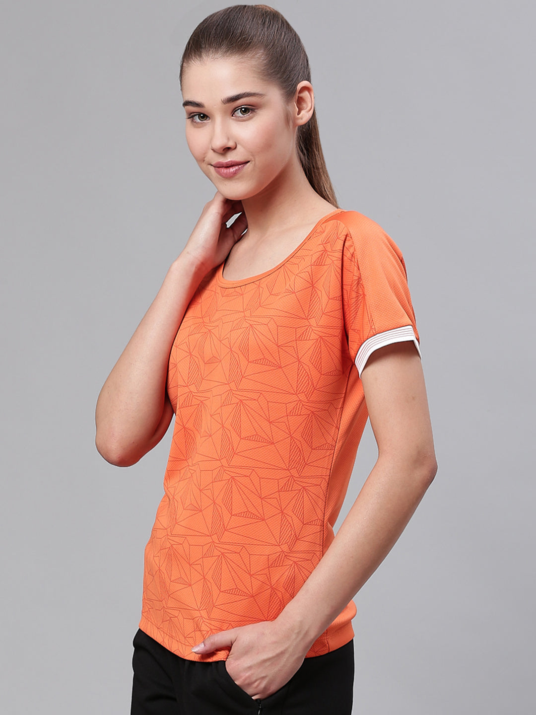 Alcis Women Orange Slim Fit Printed Round Neck Tennis T-shirt