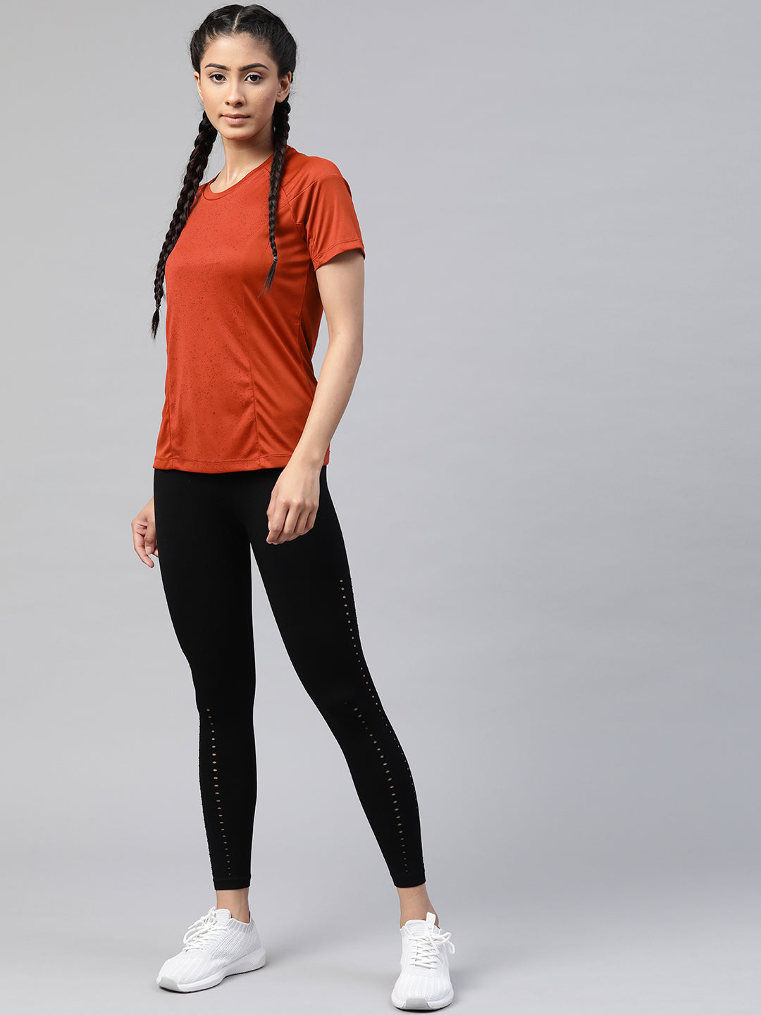 Alcis Women Rust Orange Printed Slim Fit Round Neck Tennis T-shirt