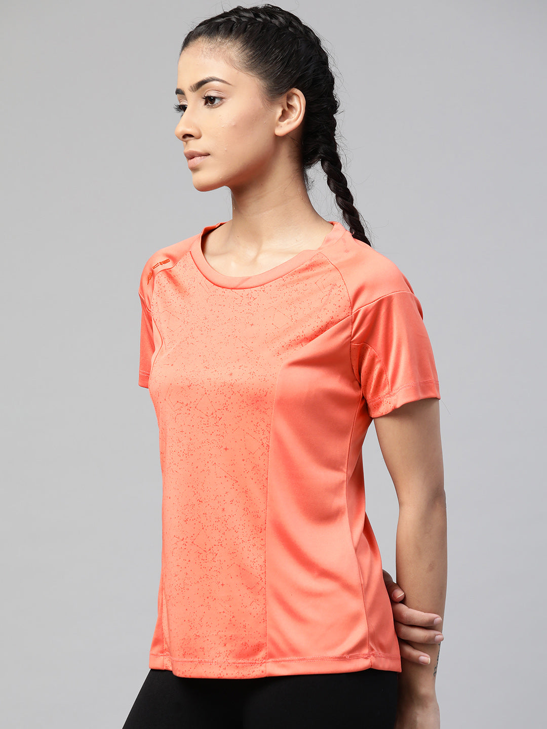 Alcis Women Coral Orange Printed Round Neck Tennis T-shirt