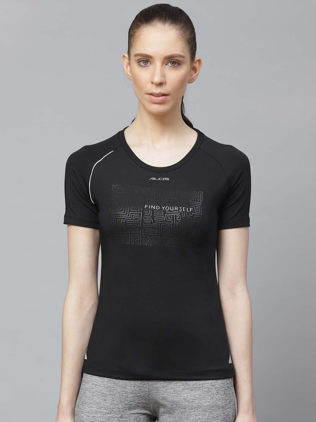 Alcis Women Black Slim Fit Printed Anti-Viral Training T-shirt