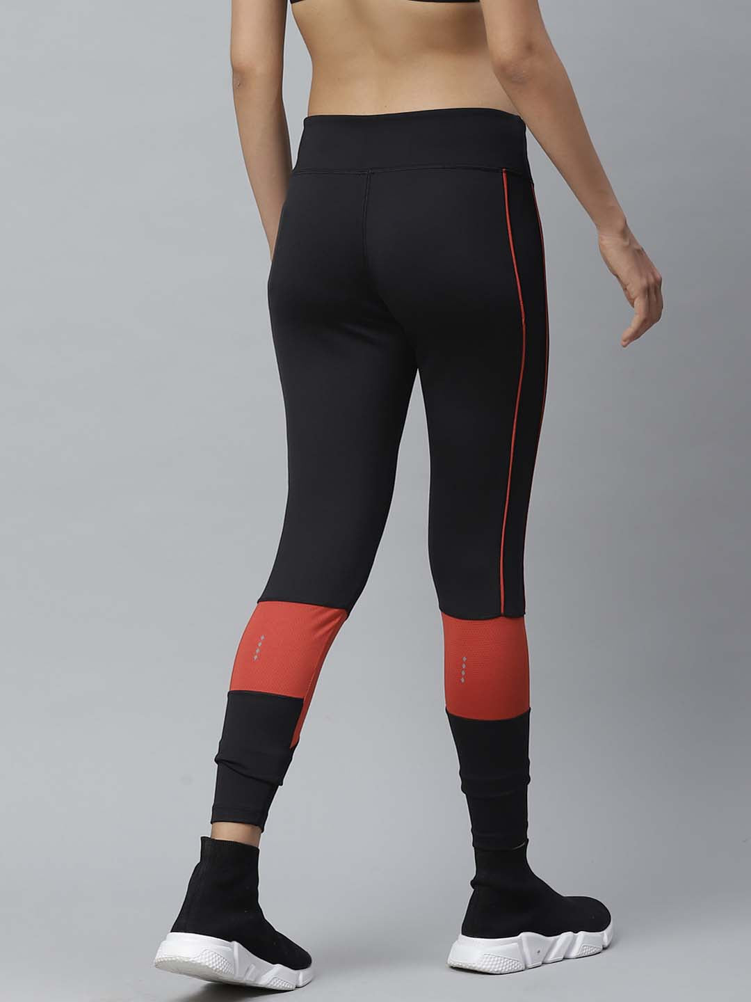 Alcis Women Black  Rust Orange Colourblocked Fitted Cropped Running Tights